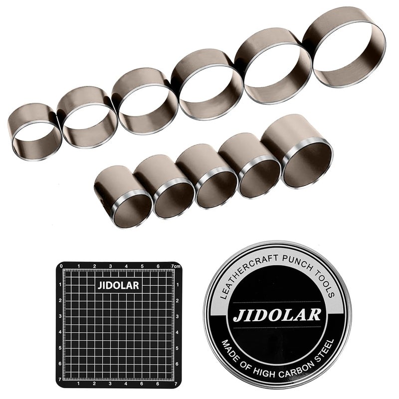 JIDOLAR Leather Circle Cutter Tool Set, 11 Pieces Circle Punch Tools 10 12 15 20 25 30 35 40 45 50 55mm, High Carbon Steel Round Cutting Dies - Leather Hole Punch Tool Kit for DIY Leathercrafts - Image 1